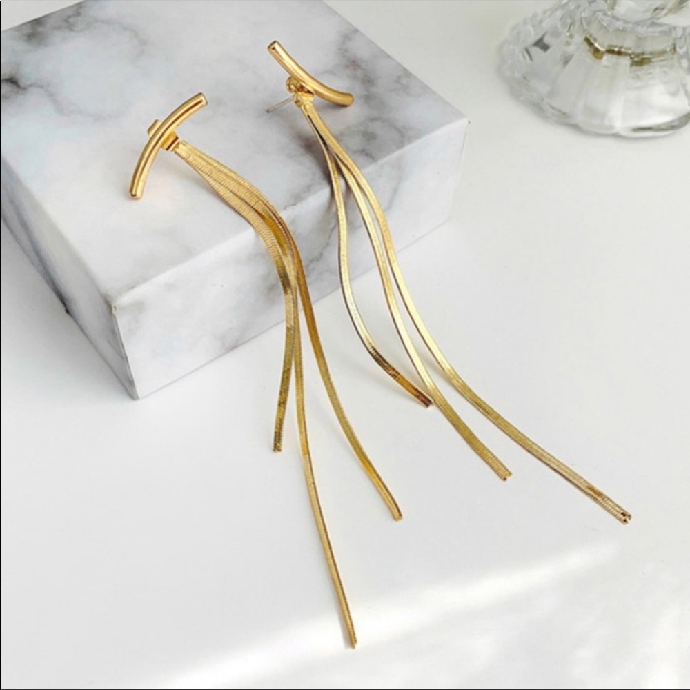NEW 18K YELLOW GOLD BAR LONG TASSEL EARRINGS - Picture 4 of 9